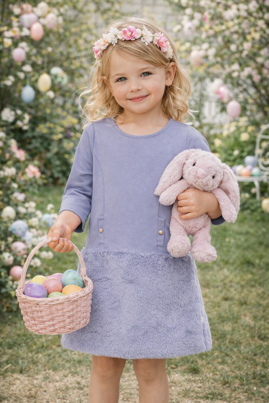 Janie and Jack Girls 5 Periwinkle Blue Ponte Dress Faux Fur Trim Spring Easter